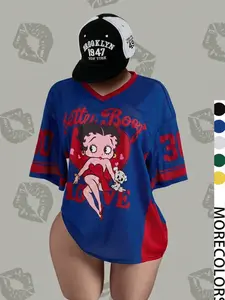 Street Y2K Mesh Breathable Vintage Doll Print V-Neck Short Sleeve T-Shirt, Loose Oversized Casual Sporty Top for Women