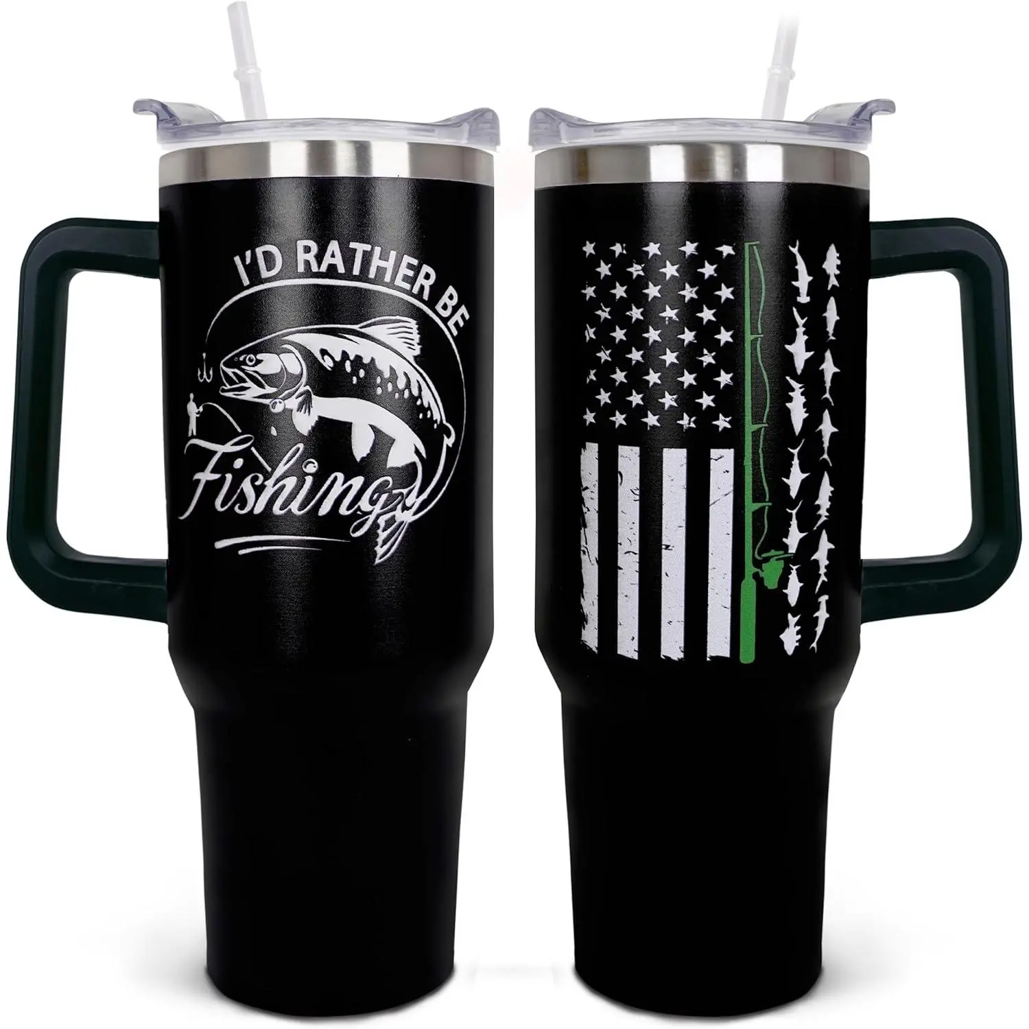 40 oz Stainless Steel Insulated Fishing Tumbler - Reusable Coffee Flask with Handle, Straw, Leakproof Lid, Portable Printed Drinkware, Fishing Gift for Fishermen, Father's Day Gifts for Uncle