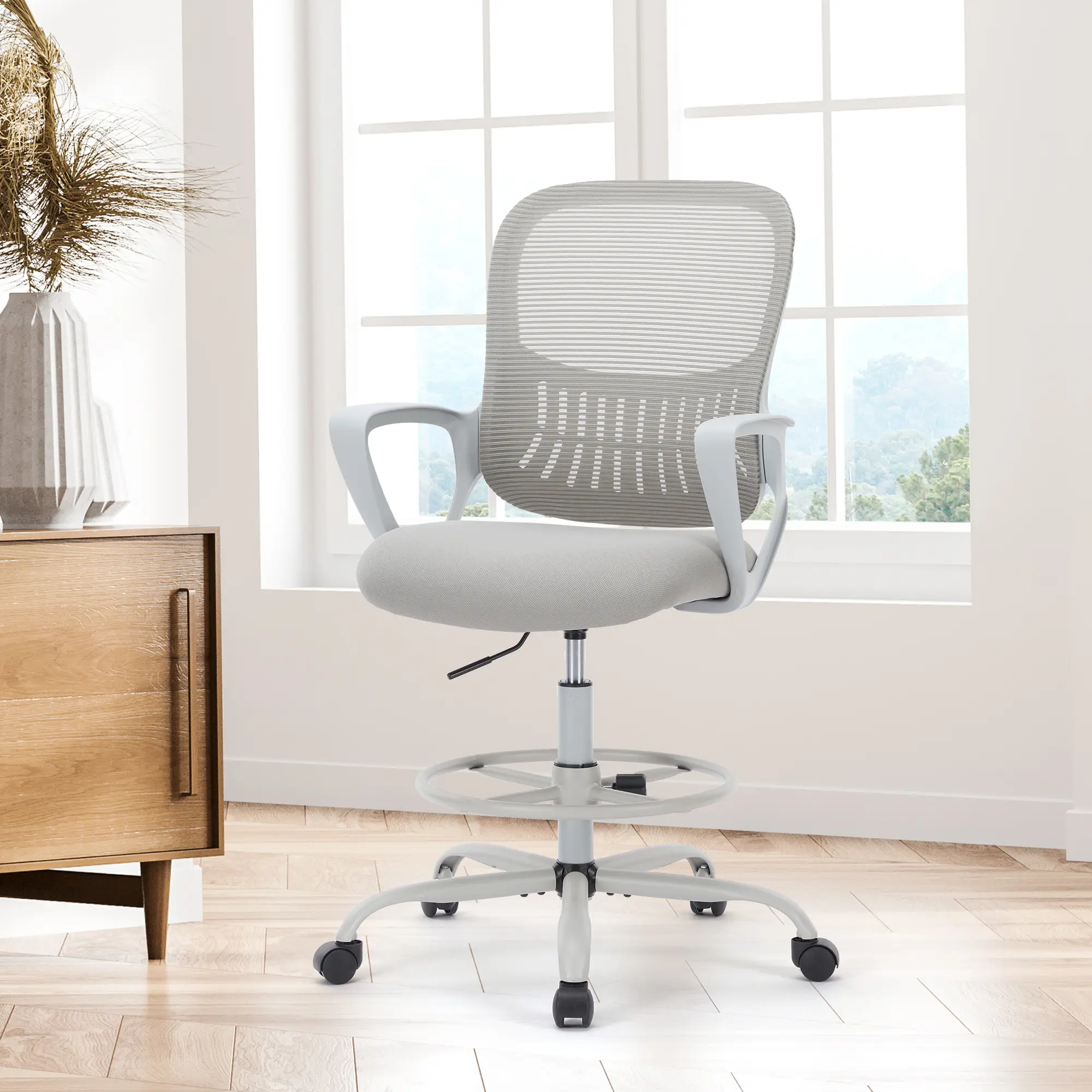 【Deal】Drafting Chair,Tall Standing Des Chair, Ergonomic Counter Height High Office Chairs with Flip-up Armrests and Adjustable Foot-Ring for Bar Height Desk