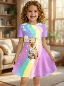 Girls Dreamy Stargazing Capybara Milk Tea Dress, Casual Knee Length Fitted Short Sleeve Asymmetrical All over Print