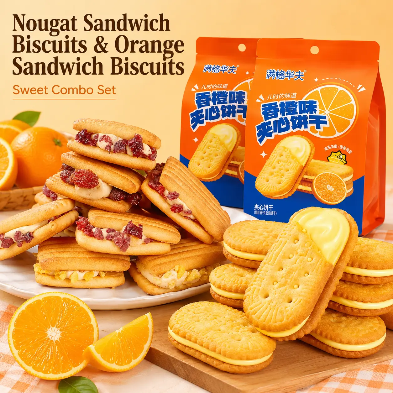 Milk Crumb Pulling Nougat & Orange Cream Sandwich Cookies Variety Pack - Wheat Flour Snacks with Stretchy Nougat Crisps, Buttery Cream Biscuits, Real Milk Powder, Individually Wrapped for Office, Party, Lunch Box