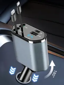 Car Charger with Retractable Cables, Built-In USB Ports, Supports Smart Fast Charging, Rotatable Base, Charges Up to 4 Devices Simultaneously, Pd Car Charger, Retractable Automotive Charger