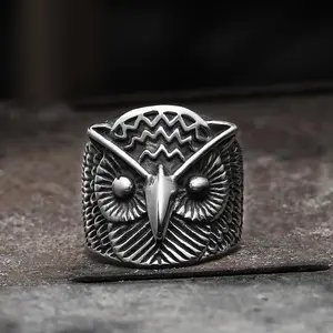 GTHIC Unisex Carved Owl Stainless Steel Animal Ring Gothic Geometric Lines Pattern Jewelry For Daily Wear