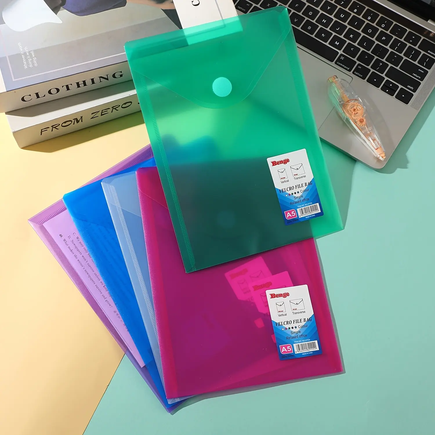 12-Pack A5 Clip File Bags, Colorful Office Archives, Plastic Document Holders, A5 Invoice Storage, Organize Papers Efficiently, Documents Organizer