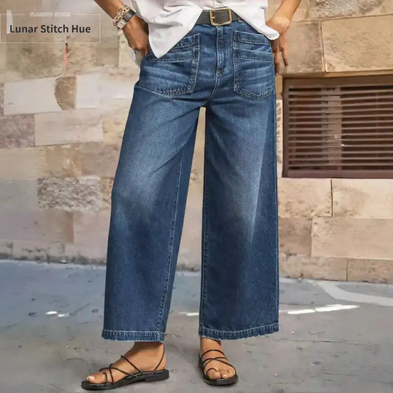 Stretchy mid-waist wide-leg plus-size jeans with vintage wash, frayed hem, and slanted pockets, cropped length, 1Xl