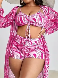 Plus Size Paisley Print Swimsuit Set, Boho Ruched Swim Top & Swim Shorts & Long Sleeve Cover Up Set, Summer Outfits 2024, Women's Three-piece Swimwear for Summer Beach, Swimsuit Bikini