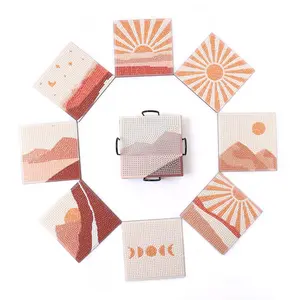 8 pieces/sets of square landscape pattern artificial diamond art painting set coasters, DIY crystal diamond painted wooden table art coasters with stand, suitable for adult office coffee MATS, family coasters, handicrafts, supplies, Diamond Painting Kits