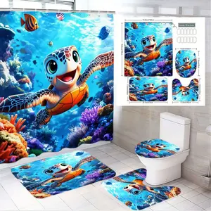 1/4pcs Underwater Theme Bathroom Set, Bathroom Decorations - Orange & Blue Sea Turtle Shower Curtain, Marine Life Bath Mat, Toilet Cover & Rug - Spring/Summer Beach Themed, Ocean Party Decor, Nature Lover Bathroom