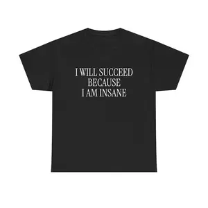 100% Cotton I Will Succeed Because I Am Insane Unisex Tee Y2K Iconic Funny Meme Phrase Shirt Crazy Academic Validation Delusional Gift, Adult funny T-shirt, Gift for Woman and Man