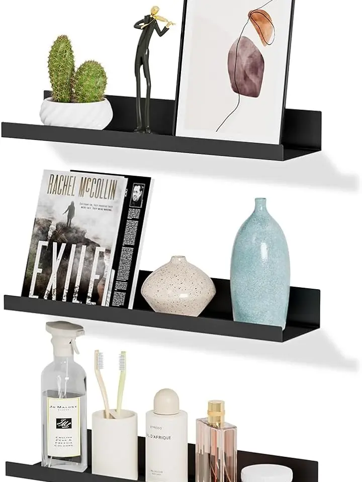 4 Pack Floating Shelves for Wall Storage, Metal Black Hanging Shelves for Living Room/Kitchen/Bedroom/Bathroom Decor, Set of 4 Organizer for Display, Book & Perfume Shelf Wall Mounted