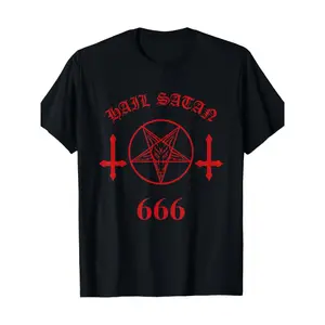 Men's Black Satanic Pentagram Graphic Menswear Top - 100% Cotton Shortsleeve Round Neck Crew Neck Casual Fit Tee with Bold WAIL SATAN 666 Red Cross Design, Lightweight Breathable Fabric for Casual Streetwear Attire, Durable