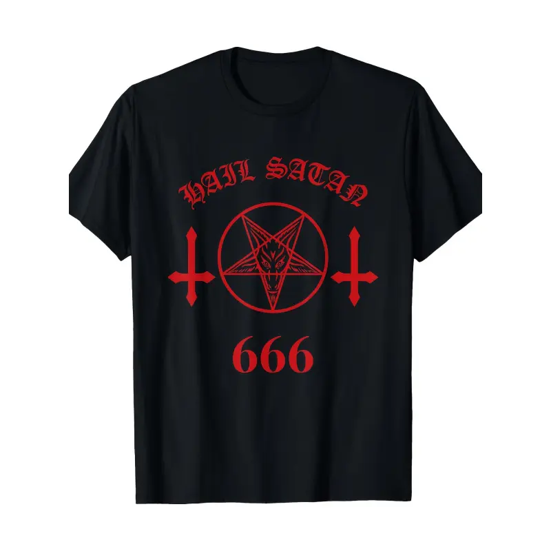 Men's Black Satanic Pentagram Graphic Menswear Top - 100% Cotton Shortsleeve Round Neck Crew Neck Casual Fit Tee with Bold WAIL SATAN 666 Red Cross Design, Lightweight Breathable Fabric for Casual Streetwear Attire, Durable
