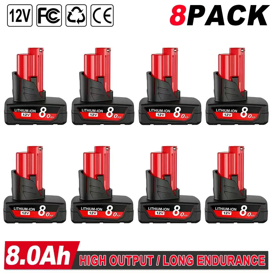 8-Pack 8.0Ah Lithium-Ion Replacement Milwaukee Batteries for M12 12V Cordless Tools Compatible with 48-11-2410 48-11-2420 48-11-2411 High Output
