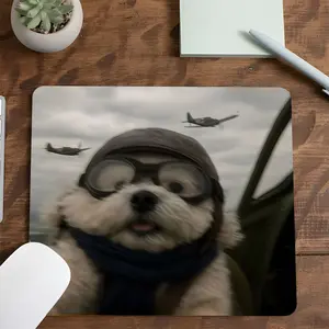 Pilot Dog Aviation-Themed Square mouse pad, Aesthetic Desktop Decorative Decoration Protective Pad, Rubber Anti-slip Lockedge Work Pad, Small Size Suitable for Laptop, Desktop Computer Games, Work, Family