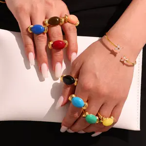18K Gold-Plated Stainless Steel & Resin Ring Glass Bead Ring Dopamine-Inspired Color Palette | Perfect for Summer Outfits & Beach Vacations | Ideal Summer Gift | Fade-Resistant outdoorfun