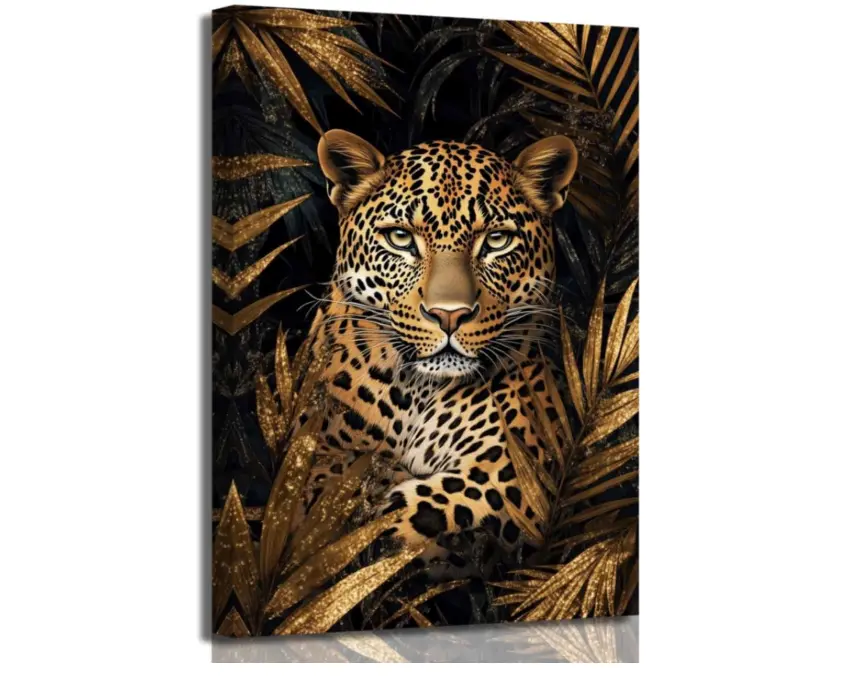 Artistic Framed Leopard-Cheetah Animal Print Colorful Style Wood Canvas Wall Art - Black and Gold African Jungle Leaves Hanging Wildlife Painting, All Seasons Gift for Living Room, Father's Day, Thanksgiving, Valentine's Day