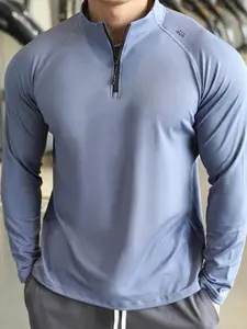 Men's Super Soft Quarter-Zip Long Sleeve T-Shirt, Muscle Fit Athletic Gym Top, Ultra-Comfy Casual Fitness Breathable Performance Training Wear for Running, Bodybuilding & Workout OOTD, Athletic Apparel, Solid Color Sportswear