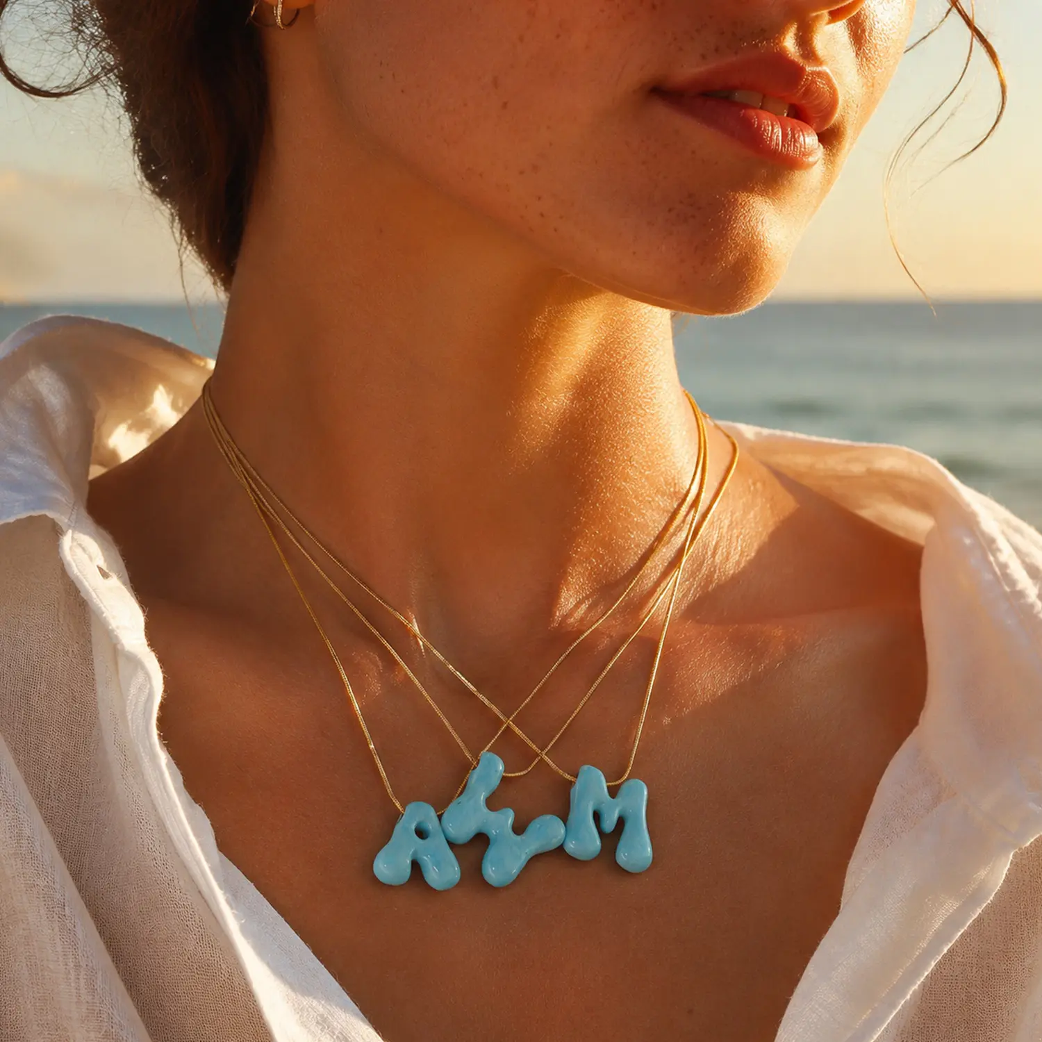 Marbled Light Blue Puffy Bubble Alphabet Necklace, Glossy 3D Chunky Initial Charm Dainty Snake Chain, Minimalist Pastel Custom Letter Accessory Birthday Gift for Her Summer Vacation