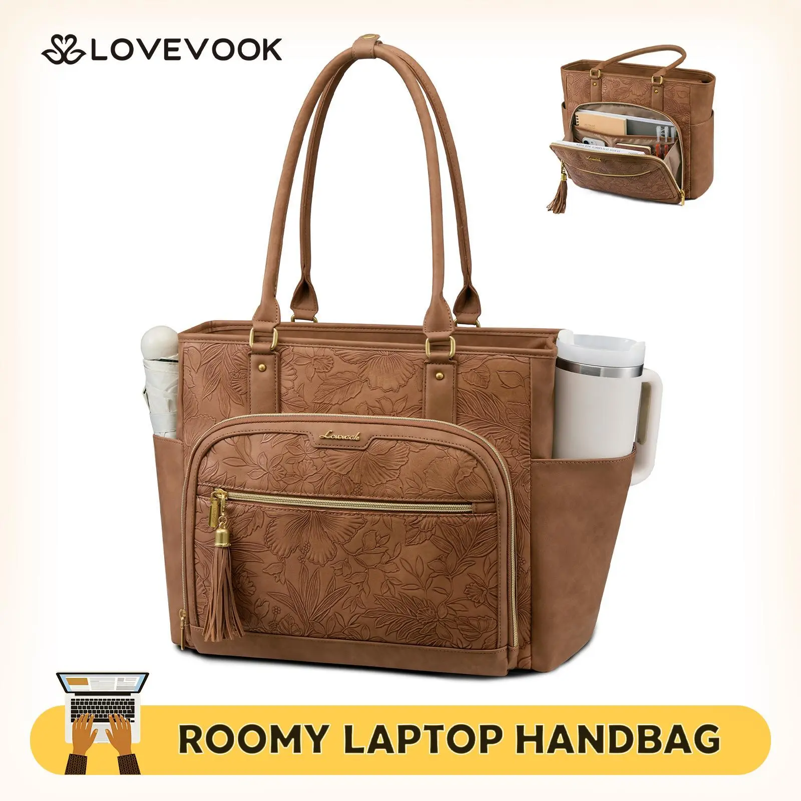 LOVEVOOK Laptop Tote Bag for Women Work, Vintage Leather Teacher Nurse Bag with Large Cup Holder, Bible Handbag Purse GIfs, Waterproof Professional Computer Briefcase for Business Office, 15.6 Inch