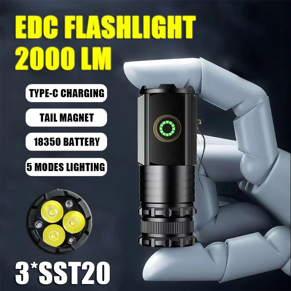 2000LM Super Bright LED Flashlight Portable Magnet Tactical Torch Emergency Lamp Rechargeable Outdoor Camping Lantern Hiking Night Fishing Flashlight Waterproof