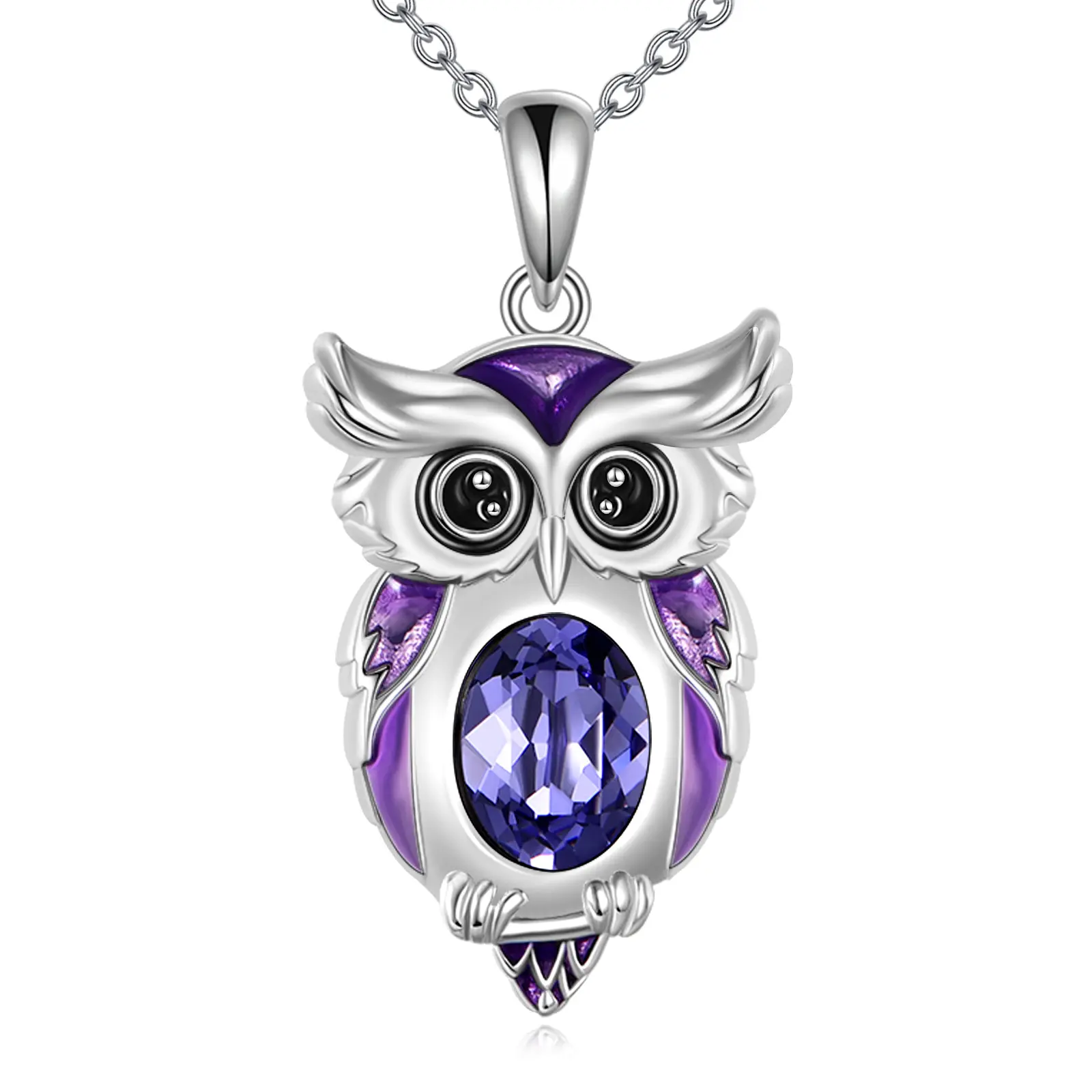 S925 Sterling Silver Owl Necklace with Artificial Amethyst Pendant, Casual Jewelry for Male, Birthday & Anniversary Gift for Parents