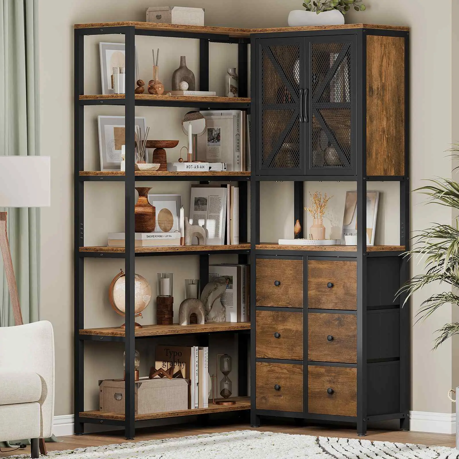 SIKAIC L-Shaped Corner Bookshelf with 6 Fabric Drawers - 11.9"d x 59.1"w x 70.9"h Durable Space-Saving Office Inspo Furniture for Home Office, Rustic Brown Storage Shelf (Assembly Required), Space Saving Furniture