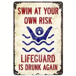Swim at Your Own Risk Letter Pattern Vintage Metal Sign, Pool Rules & Lifeguard Warning Sign, Yard Sign, Garden Decoration Supplies for Home Garden Pool