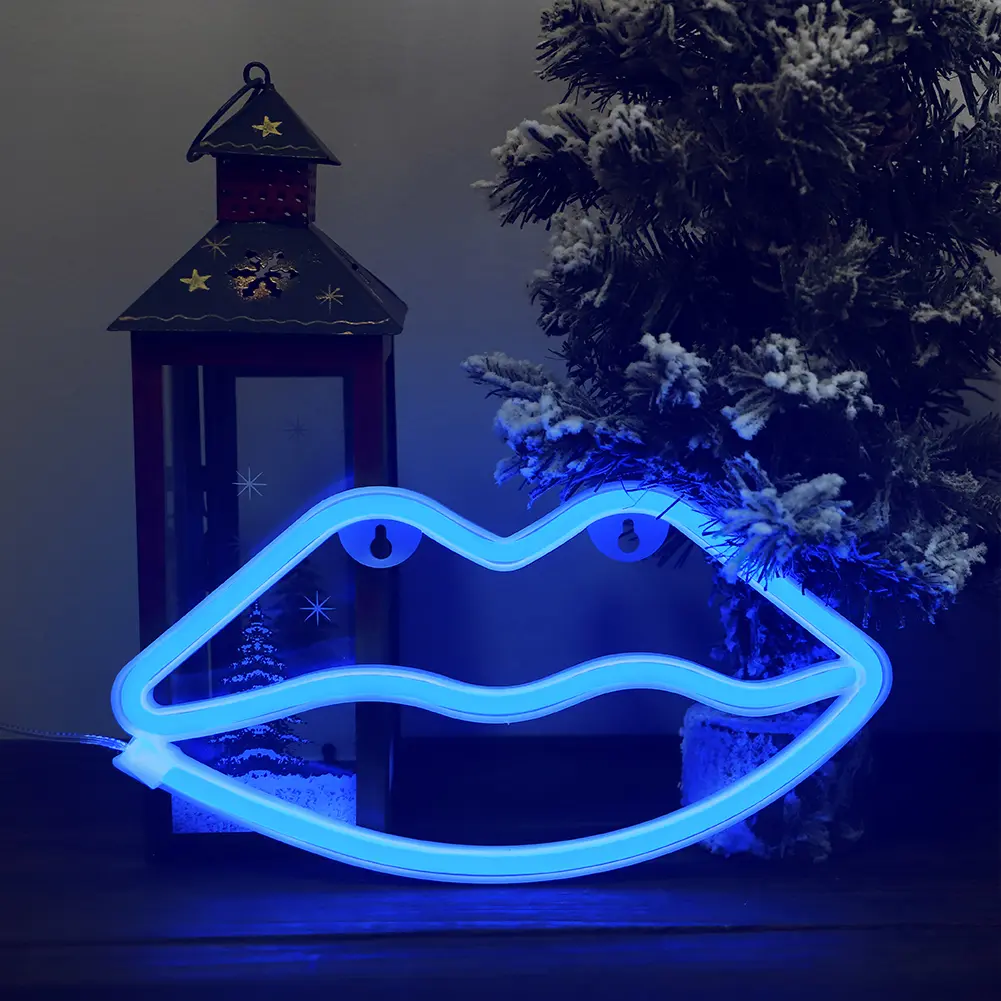Blue LED Lip-Shaped Neon Sign - USB/Battery Powered Whimsical Aesthetic Romance Room Decor Wall Light for Bedroom, Christmas Party