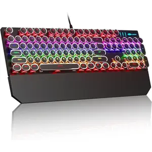 MageGee Typewriter Mechanical Gaming Keyboard, Retro Black Punk Round Keycaps RGB Rainbow Backlit Wired Keyboards for Laptop MAC PC Gamer, with Magnetic Wrist Rest - Blue Switch fathersdaygiftideas