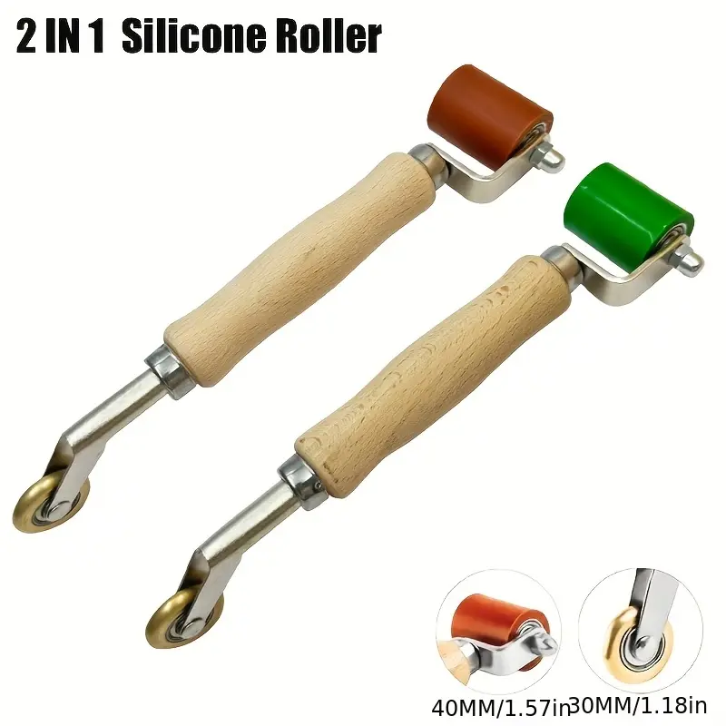 Dual-Head Paint Roller Tool with Dual-Head Design, Silicone Teflon Brass Wheel, 30mm/1.18in Heat Proof, Waterproof PVC, Wooden Handle - Ideal for Hot Air Gun, Wallpaper Application, Comfortable Grip, High-Temperature Resistant