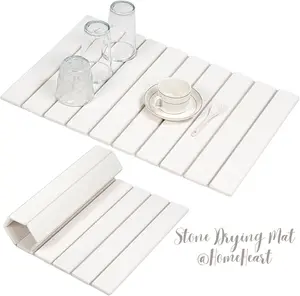 Large Stone Dish Drying Mat 24" × 16" for Kitchen Counter Super Absorbent Heat Resistant Eco-Friendly Diatomaceous Earth Stone Rack Tableware Mat White Marble Coasters Stainless Steel Kitchenware