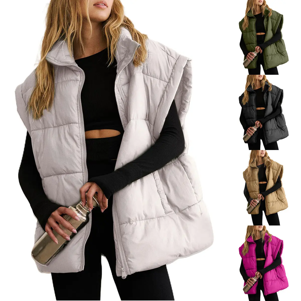 YeeZaa Women Winter Oversized Puffer Vest 2025 TikTokShopHolidayHaul Christmas Lightweight Stand Collar Flysleeve Insulated Padded Puffy Jackets Coat with Pockets Womenswear Tops zip  up
