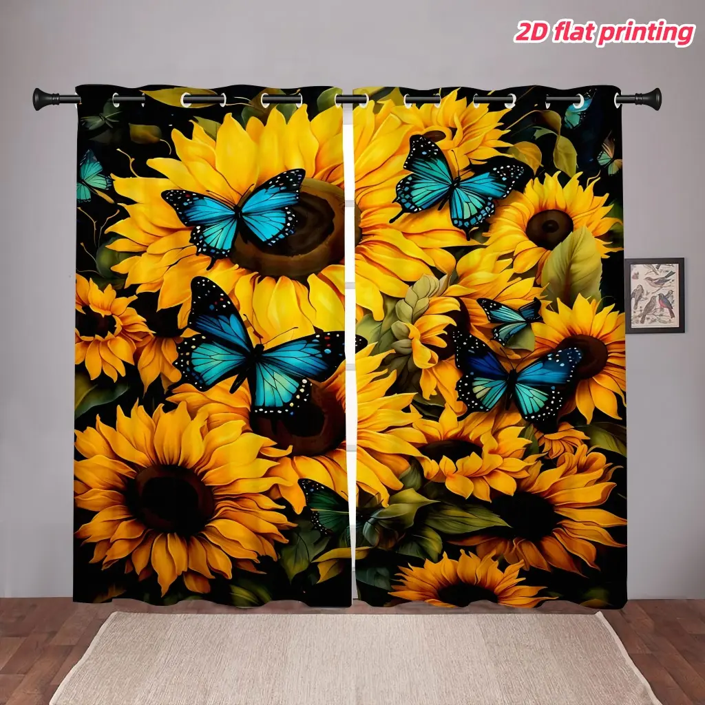 2D Flat 2Pcs, sunflower and butterfly print curtain panel, Home Decoration Curtain, Home Decorative Curtain, with loop, perforated, Grommet Curtains, semi sunshade polyester fiber, suitable for home living room, bedroom