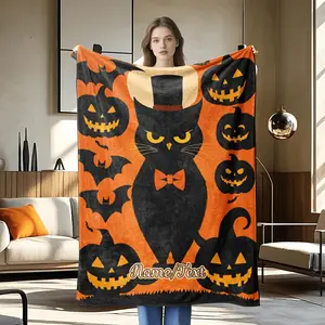 1pc Personalized Halloween Cat Pumpkin Flannel Blanket - Custom Name/Text, Black Cat with Jack-O'-Lanterns - Soft Cozy Throw for Couch, Bed, Living Room, Office - Halloween & Thanksgiving Decor - All-Season Gift - Machine Washable