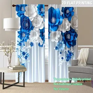 2pcs blue floral pattern printed curtains, made of polyester fiber material, Translucent privacy protection design, hand washable and machine washable, suitable for home decoration, Window curtain