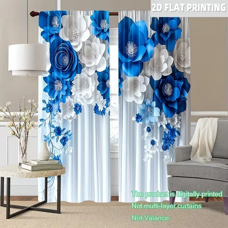 2pcs blue floral pattern printed curtains, made of polyester fiber material, Translucent privacy protection design, hand washable and machine washable, suitable for home decoration, Home Decorative Curtain, Window curtain