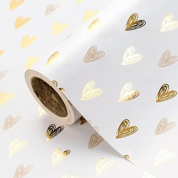WRAPAHOLIC Gold Foil Heart Wrapping Paper Roll, Romantic Heart Design Gift Wrap for Valentine’s Day, Wedding, Bridal Shower, Birthday & Special Occasion Gifts, 17in x 16.5ft