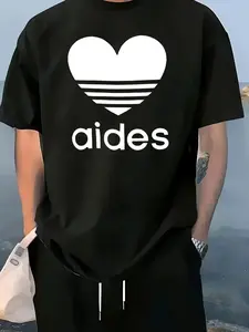 Comfortable Printed Round Neck T-Shirt, Summer Casual Fashion Short Sleeve Top, Soft Daily Wear, Unisex Heart Stripe Tee