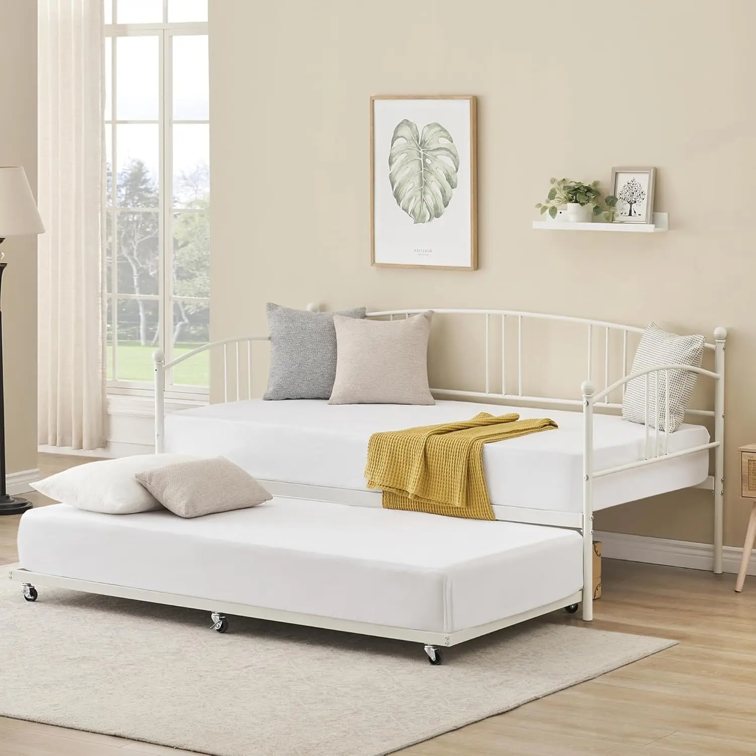 Modern White Twin Daybed with Pullout Trundle Pull Out Bed - 6 Caster Wheels, Steel Slat Direct Mattress Support, Living Room Use - No Box Spring Needed, Maximizes Sleeping Space, Assembly Required