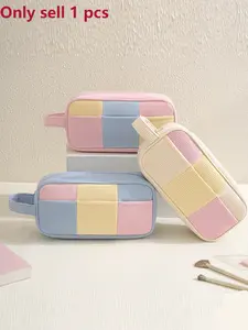 2026 New Corduroy Cosmetic Bag, Women's Color Blocked Travel Cosmetic Bag, Cute Quilted Toiletries Storage Bag with Handle, Handheld Cosmetic Pouch, Makeup Organizer Pouch, Makeup Bags
