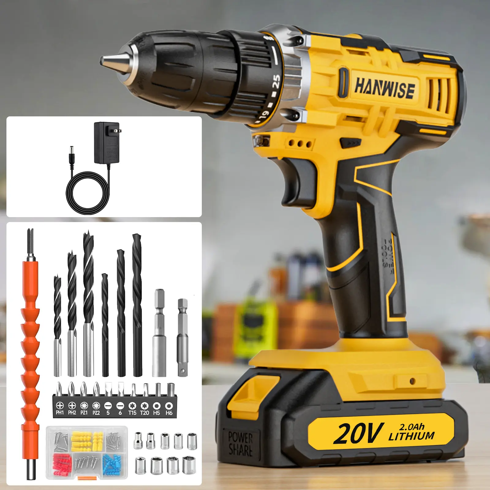 20V cordless impact drill set, with work light, speed and torque adjustment function - suitable for car and home maintenance | Men's gift