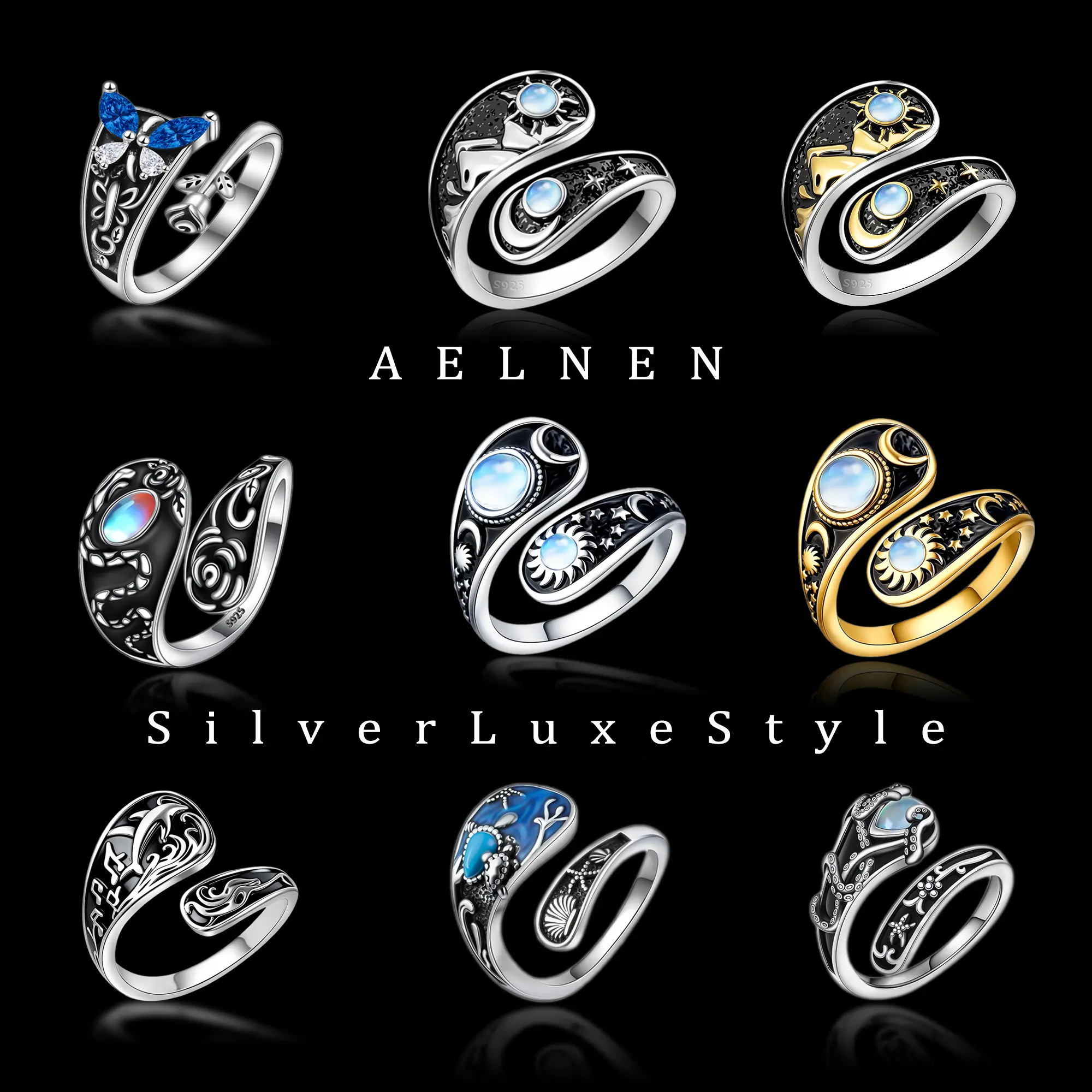 AELNEN Celestial Spoon Ring for Women, S925 Sterling Silver Bohemian Moon and Star Jewelry with Moonstone, Adjustable for Everyday Wear, Jewelry Rings, Beautiful Rings