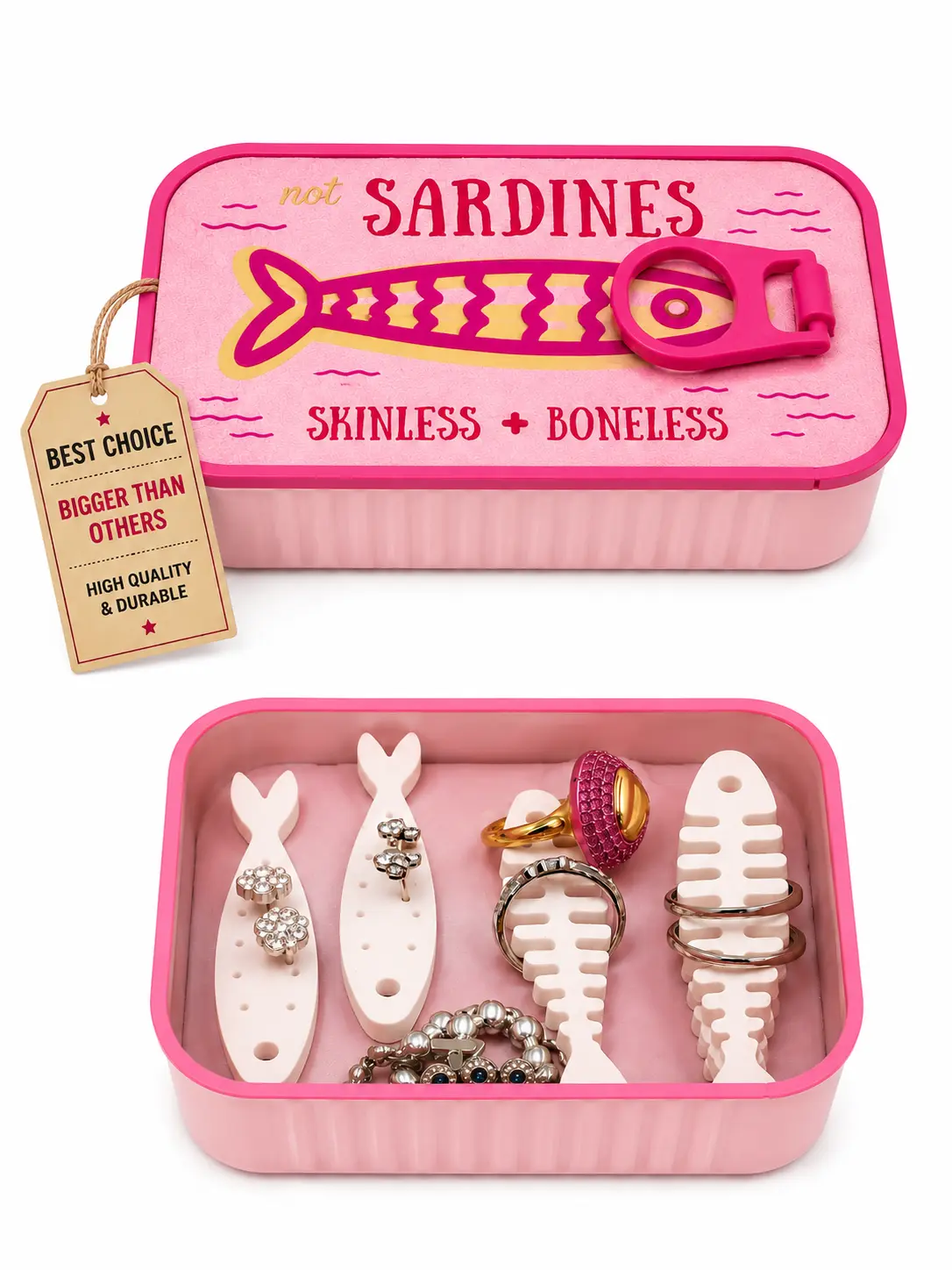 3D Printed PLA Plastic Fish-Shaped Vanity Jewelry Organizer - Retro Tin Sardine Can Design with Earring Slots, Built-In Holders, Compartmentalized Jewelry Boxes & Bins for Dresser Storage, Valentine’s/Birthday Gift