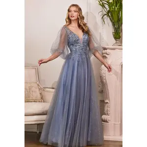 Glitter Tulle Puffed Sleeves Evening Dress Cinderella Divine CD0182