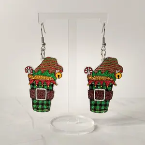 #156 Glitter Elf Christmas Drink with Candy Cane Earrings- Stainless Steel Hooks- Casual Christmas Jewelry