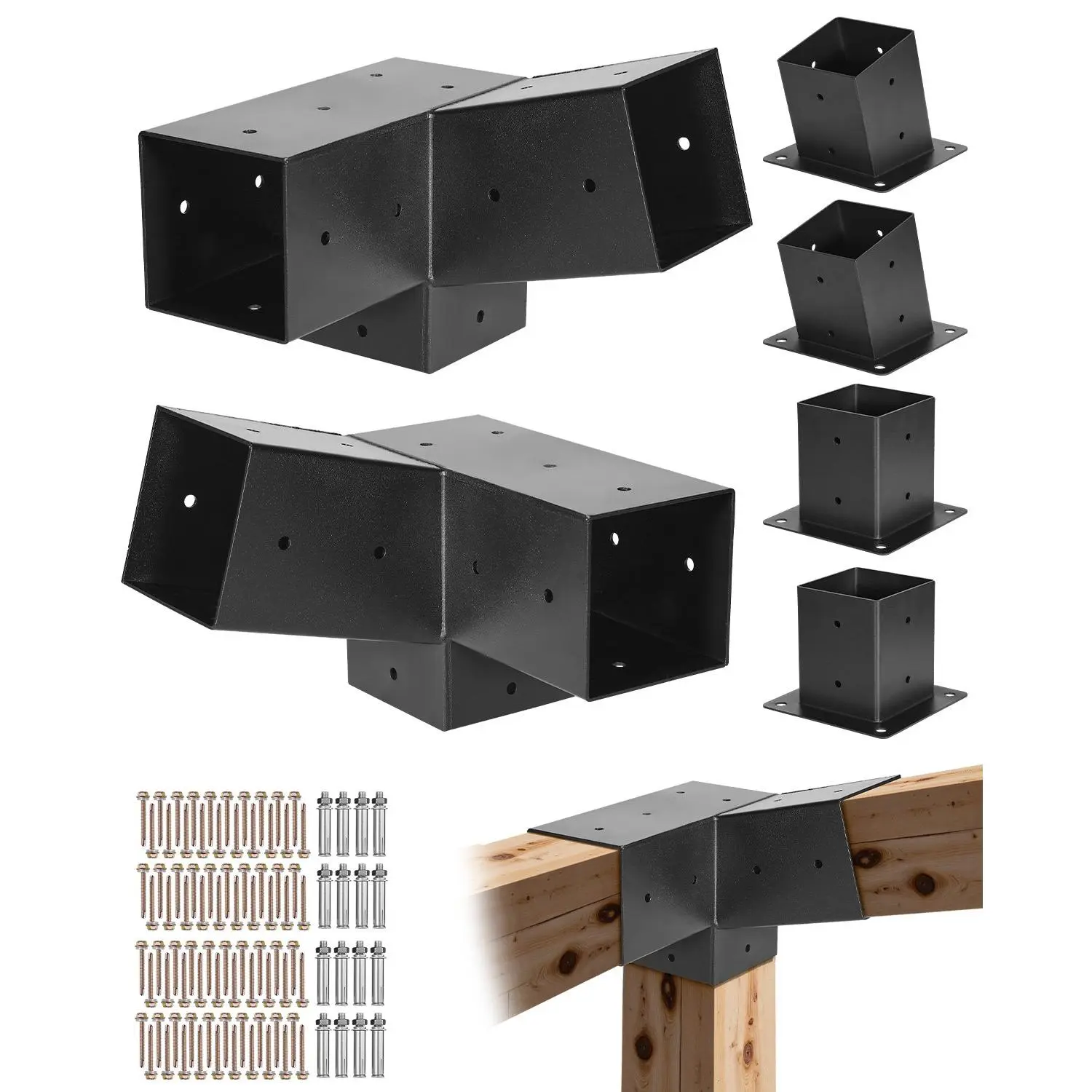 【Summerfinds】VEVOR Pergola Kit, 4x4 Inch 3-Way Slanted Brackets for 3.5x3.5 Inch Wood Beams in Actual Size, 2-Pack Pergola Brackets with 2 Post Bases and 2 Wall Mount Bases, for Outdoor Pergolas, Gazebos, Sheds, Carbon Steel
