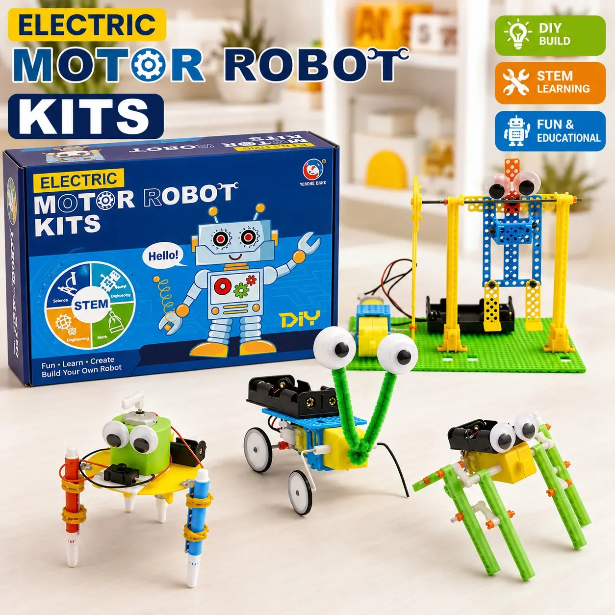 Unisex 4-in-1 STEM Electric Motor Robot Building Kit - Beginner DIY Educational Toy with Lightweight Parts, Motor Skill Practice, Learning Through Play, 4-in-1 Robot Building Fun for 6-8 Years Kids, Confidence-Boosting Hands-On Gift