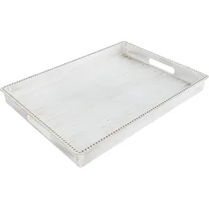 MAONAME Vintage White Serving Tray with Handles, Farmhouse Beaded Decorative Tray, Rectangular Coffee Table Trays, Plastic Ottoman Trays for Living Room, Bathroom Decor, 16.3" x 12.4" x 1.6"