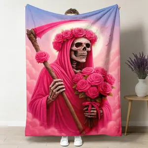 Santa Muerte Pink Rose Throw Blanket, Watercolor Floral Flannel Blanket, Soft Cozy Warm Throw, Mexican Folk Faith Decor, Santa Muerte Gift for Her, Sacred Protection Healing Boho Bedroom Living Room Decor, Rosas Rosadas Santisima Muerte