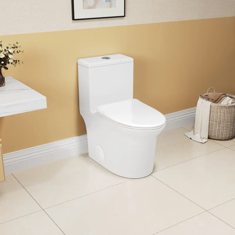 Soft-Close 1-Piece Toilet, CUPC Certified WaterSense 1.1/1.6 GPF Elongated Comfort Height Floor-Mounted Ceramic White Skirted Toilet with Super Quiet Flushing, Modern Design, Installation Included, Soft-Close One-Piece Toilets
